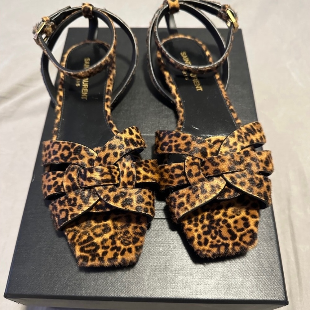 Saint Laurent Leopard Calf Hair Tribute Flat Sandals – Size 36.5